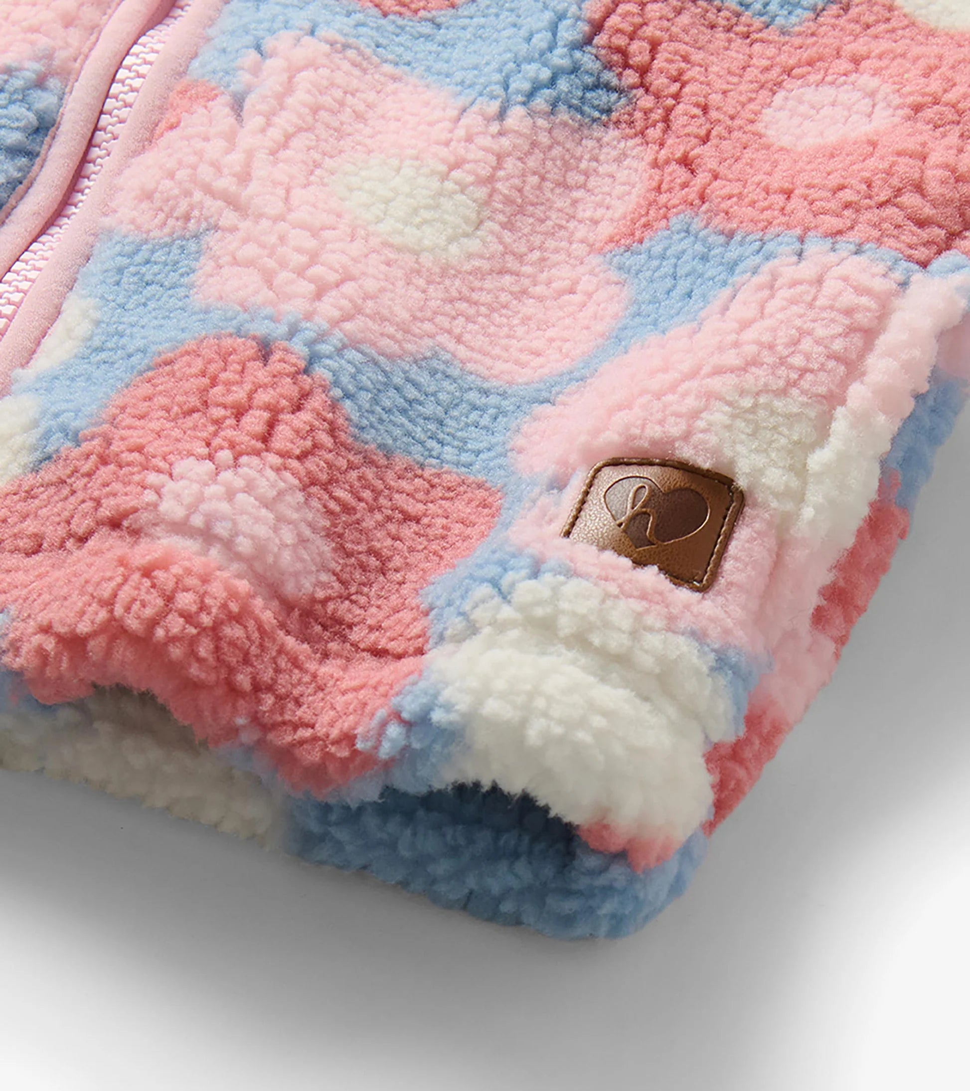 Hatley Girls Big Flowers faux sherpa jacket close-up showing soft fleece texture and pocket detail