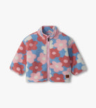 Hatley Girls Big Flowers faux sherpa jacket front view in Kentucky Blue with pink red and cream floral print