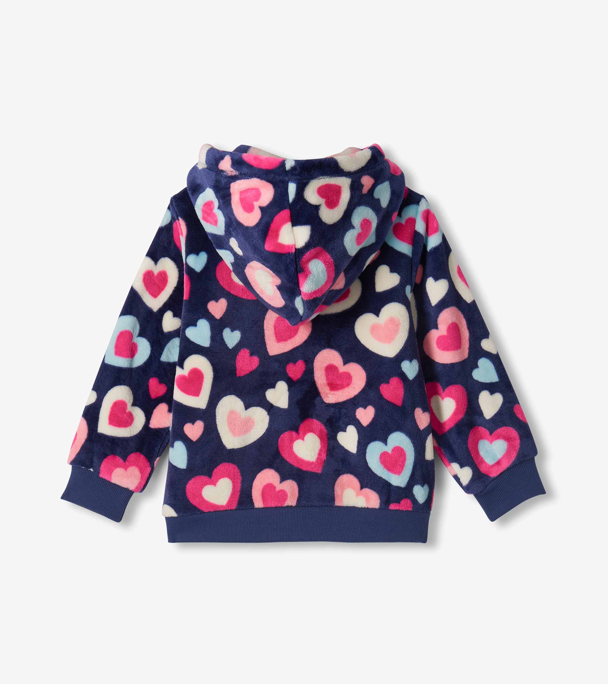 Hatley Girls Bunches of Hearts fleece hoodie back view with colourful heart print