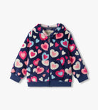 Hatley Girls Bunches of Hearts navy fleece zip-up hoodie front view
