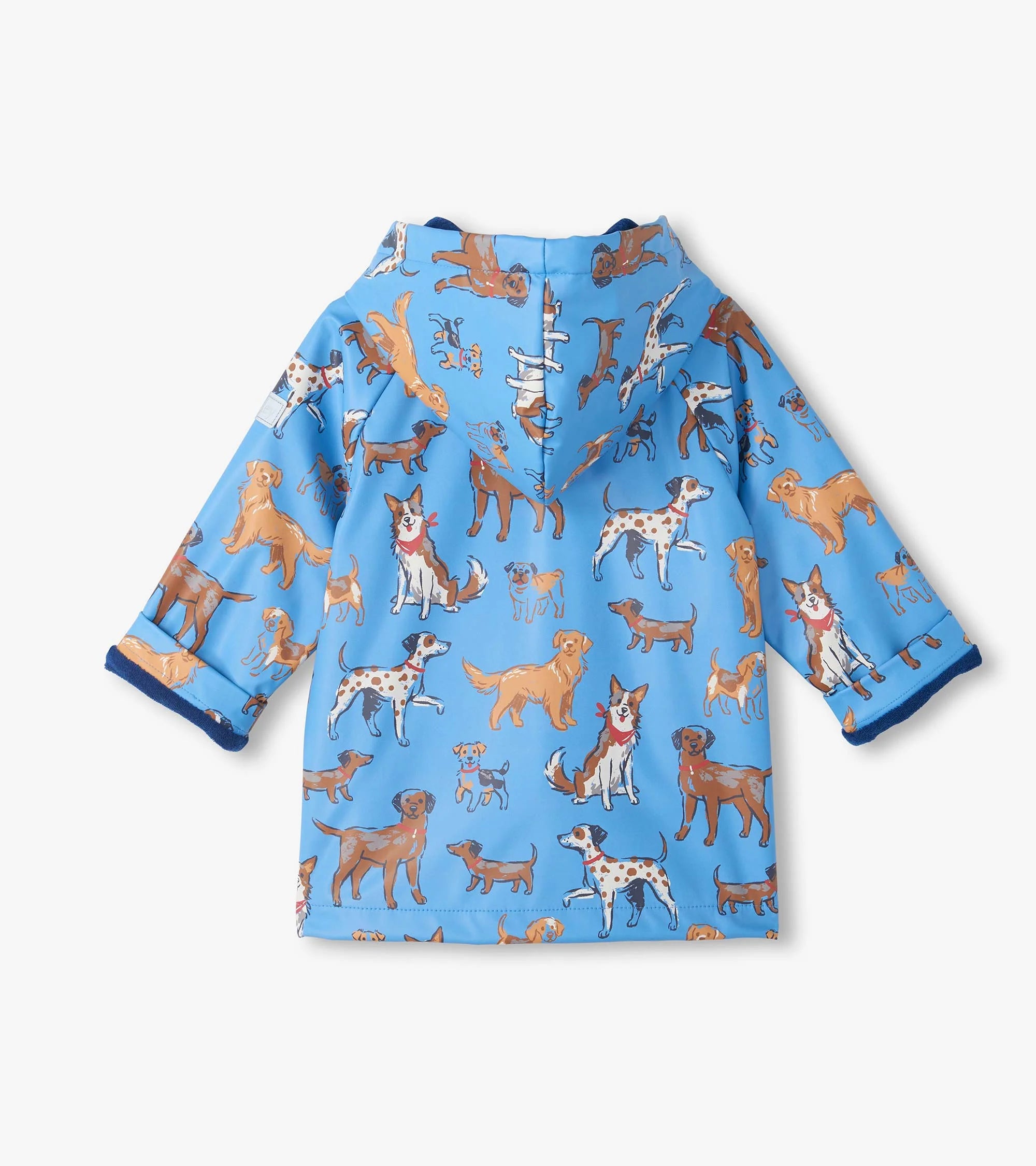 Hatley Baby & Boys Little Pups blue waterproof raincoat back view with dog print