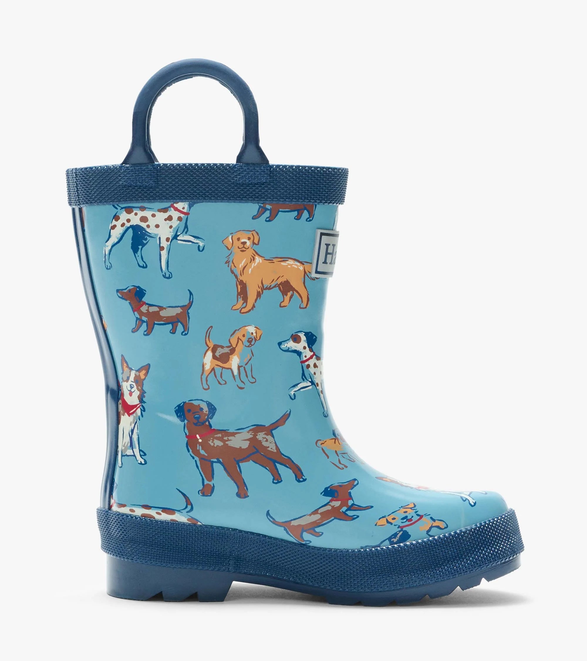 Hatley Little Pups boys blue rain boot side view with dog print
