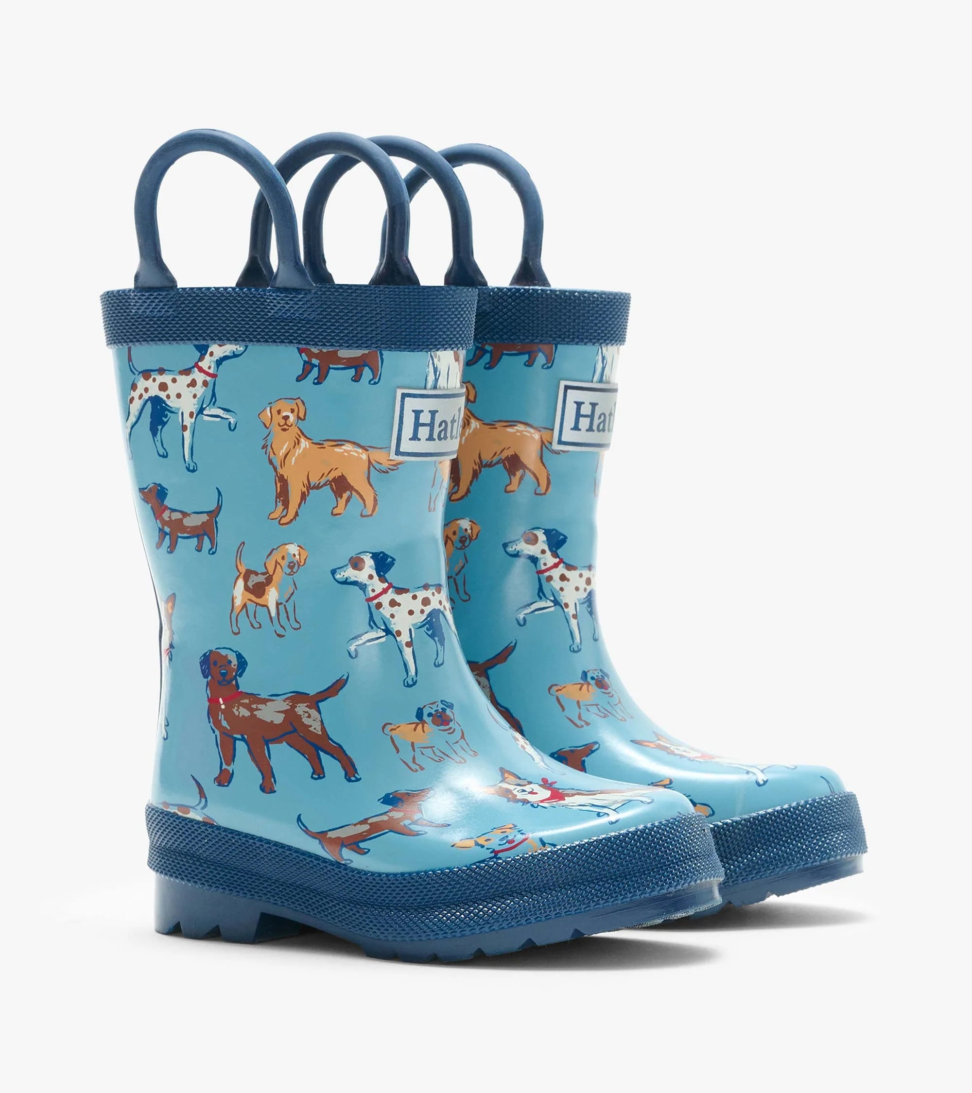 Hatley Little Pups blue waterproof boys wellies with dog print and pull-on handles
