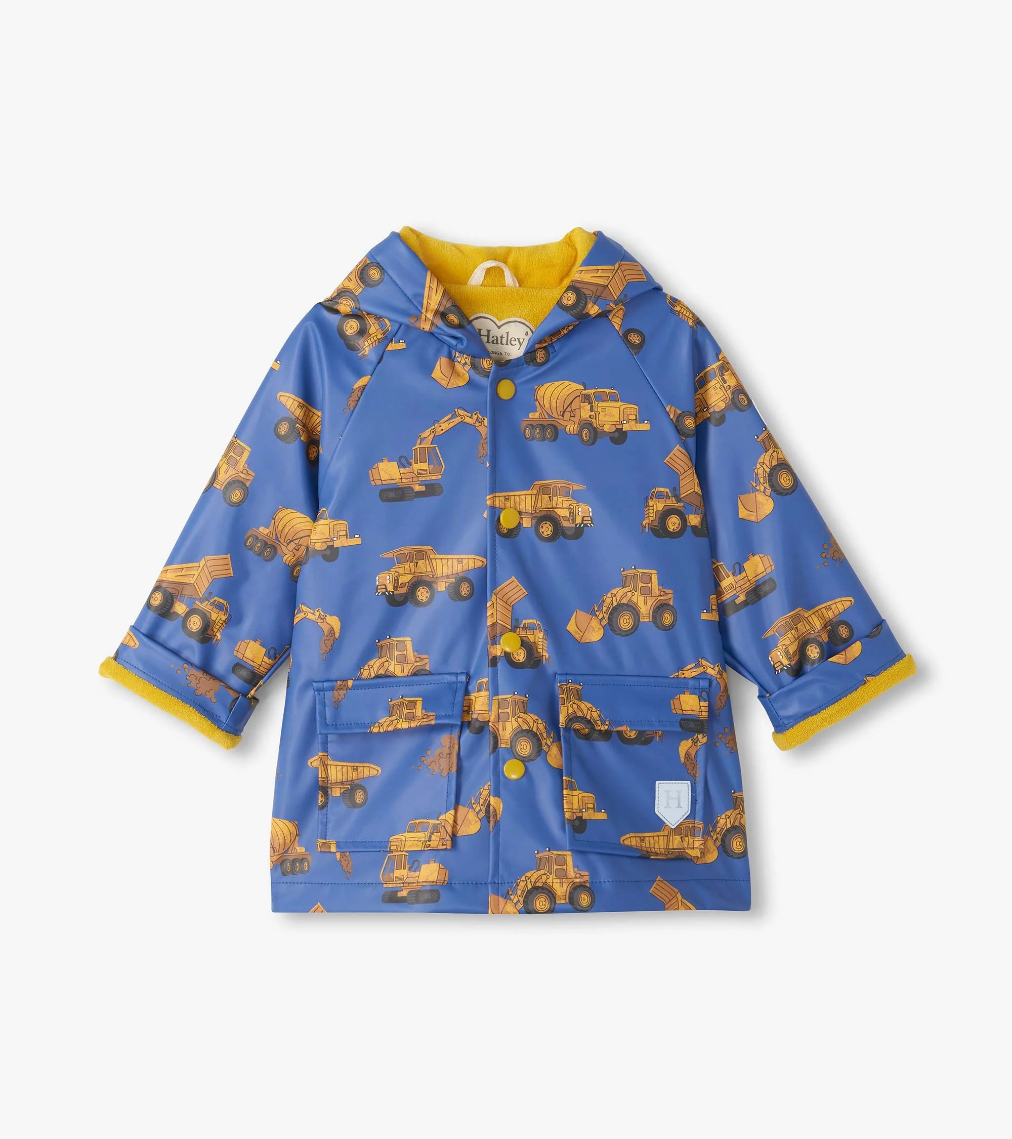 Hatley baby and toddler boys Construction Trucks blue waterproof raincoat front view