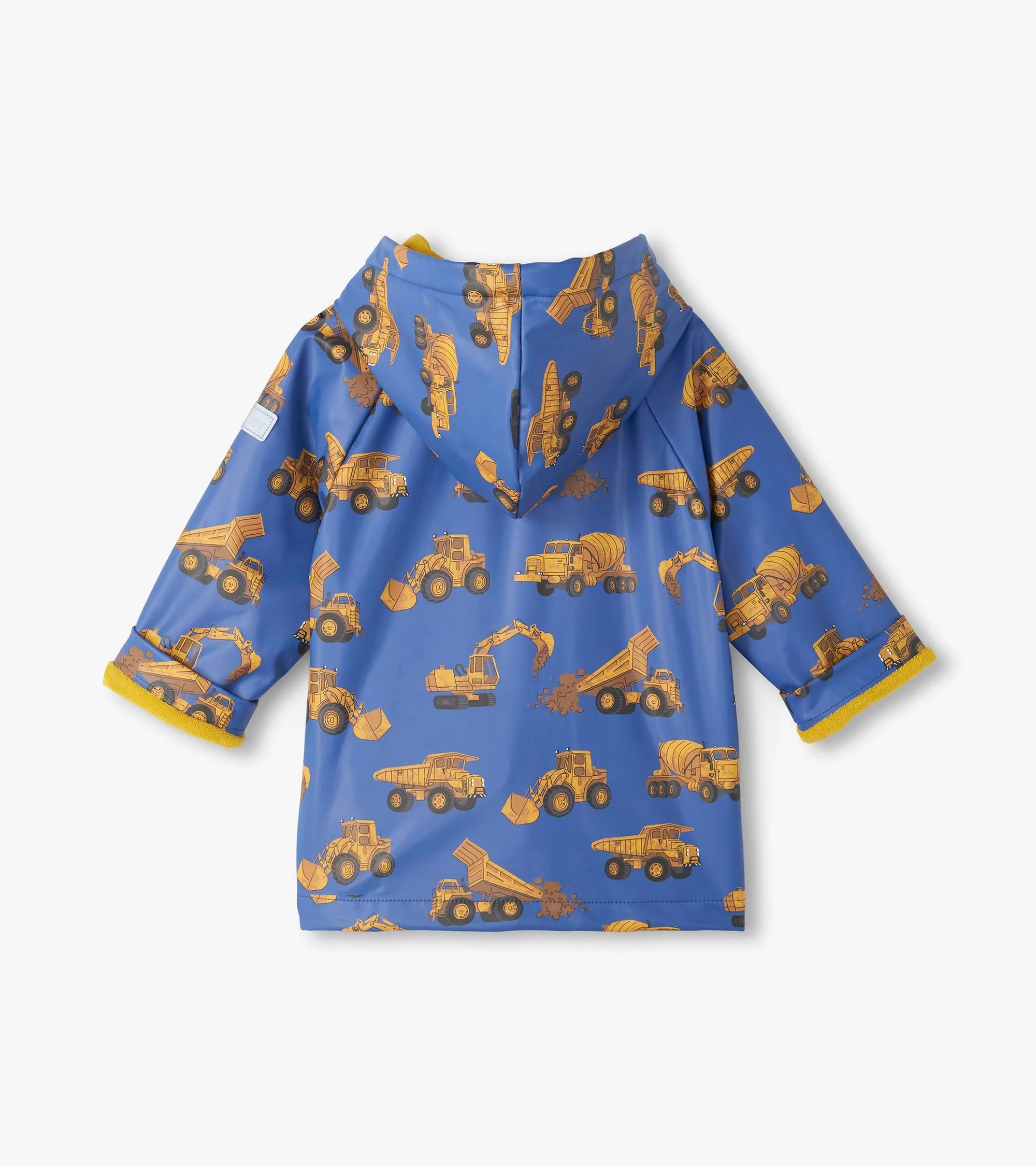 Hatley baby and toddler boys Construction Trucks blue waterproof raincoat back view