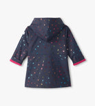 Hatley girls Rainbow Foil Cherry waterproof navy raincoat back view