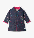 Hatley girls Rainbow Foil Cherry waterproof navy raincoat front view
