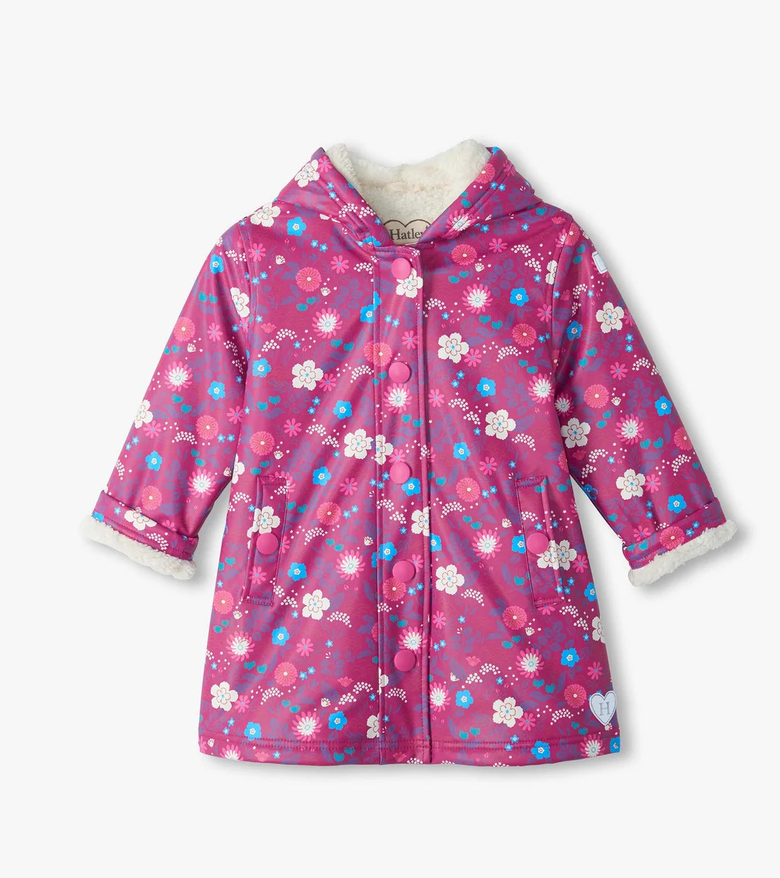Hatley Girls Tiny Flowers sherpa lined jacket in Raspberry Radiance front view
