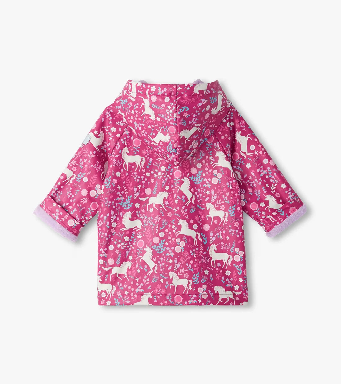 Hatley girls pink Unicorn Forest waterproof raincoat back view