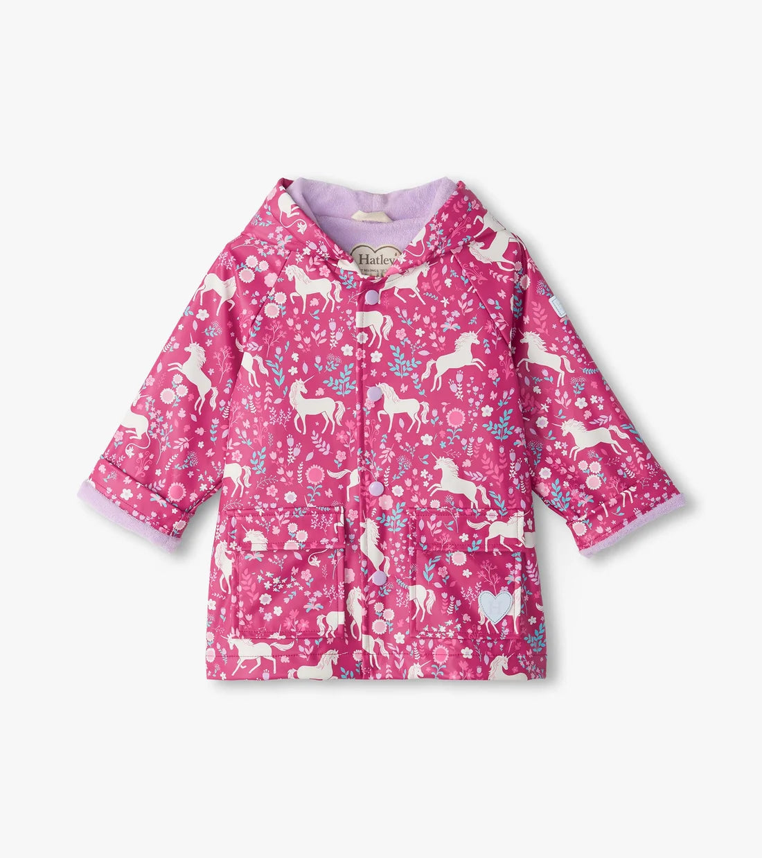 Hatley girls pink Unicorn Forest waterproof raincoat front view