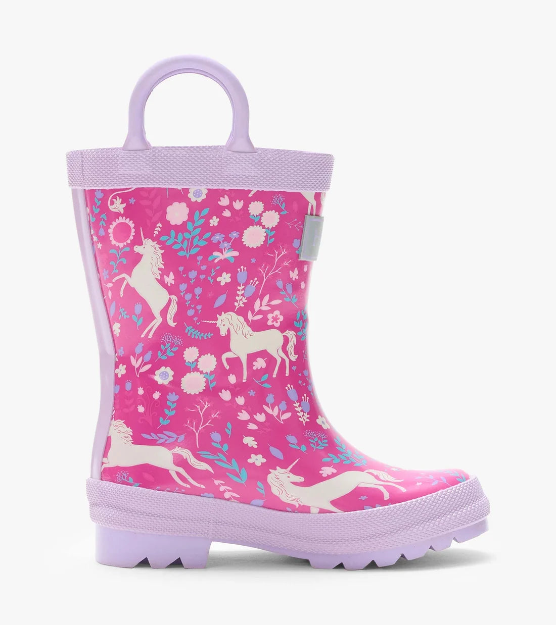 Hatley Girls Unicorn Forest pink waterproof wellie side view with lavender sole