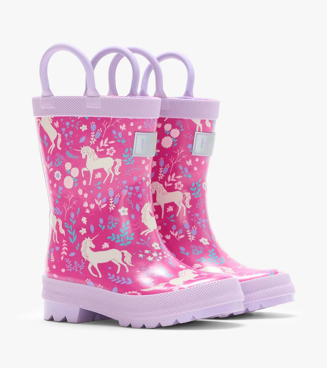 Hatley Girls Unicorn Forest pink rain wellies with lavender handles and unicorn floral print