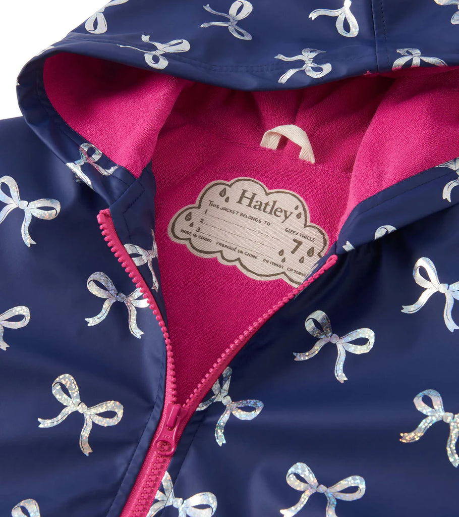 Hatley girls navy rain jacket with pink sherpa lining – interior view