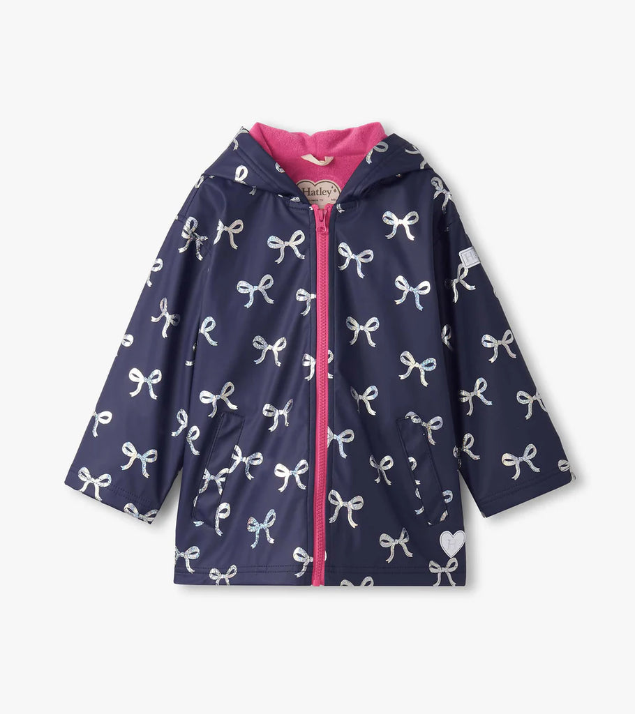 Hatley girls navy rain jacket with silver foil bow print – front view