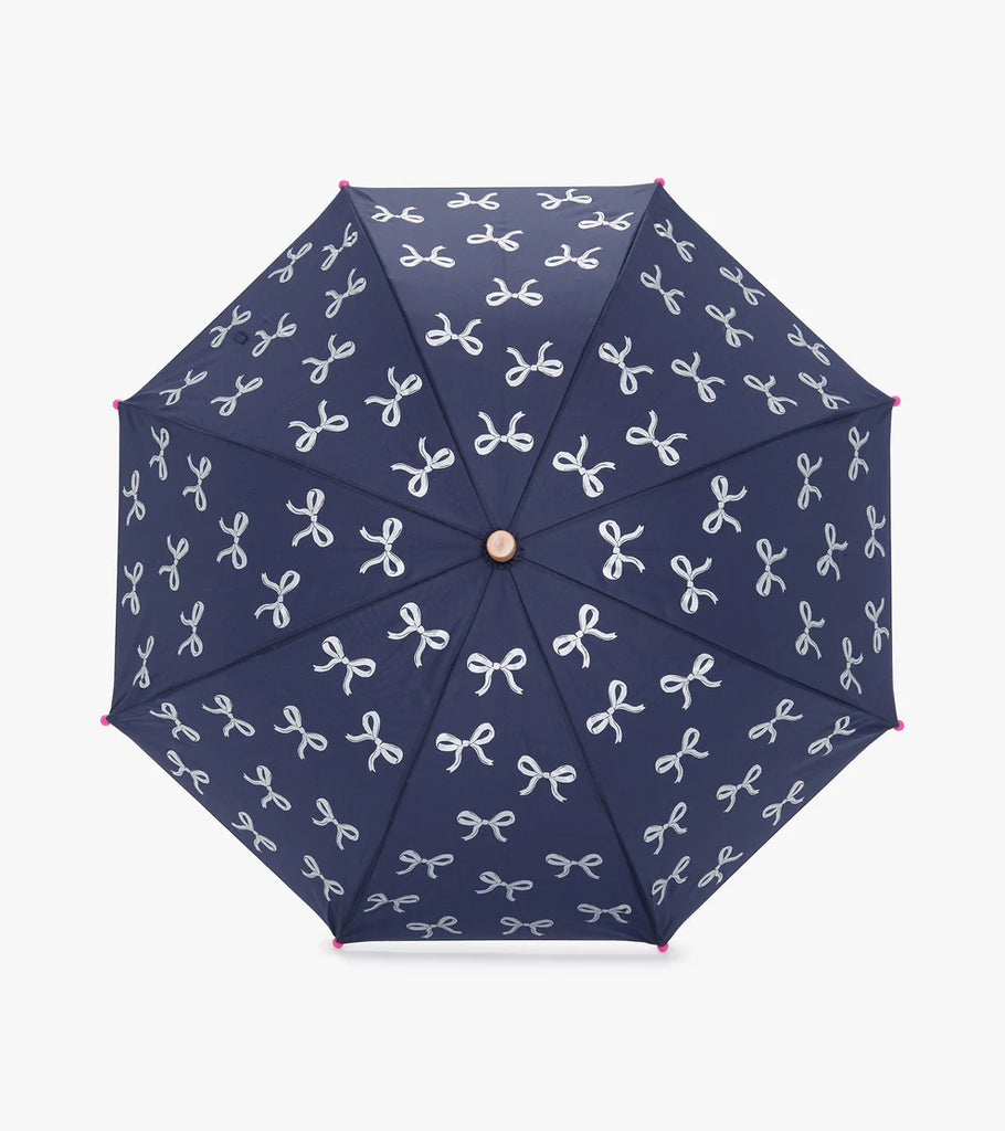 Hatley navy silver ribbon umbrella opened with wooden handle