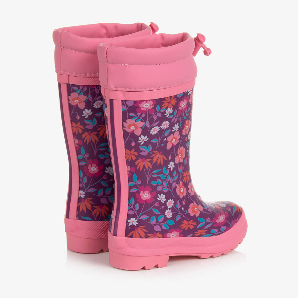 Hatley Girls Pink Wild Flowers Sherpa Rain Boots & Socks Set From Back