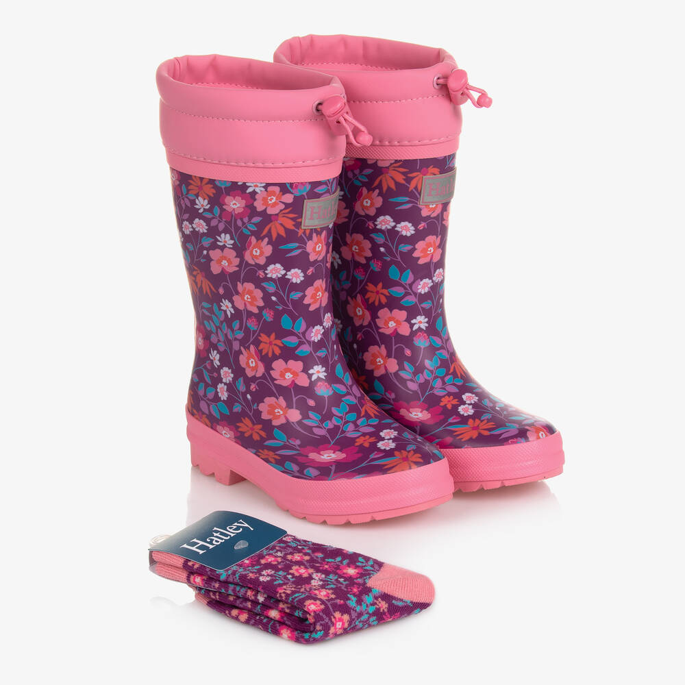 Hatley Girls Pink Wild Flowers Sherpa Rain Boots & Socks Set