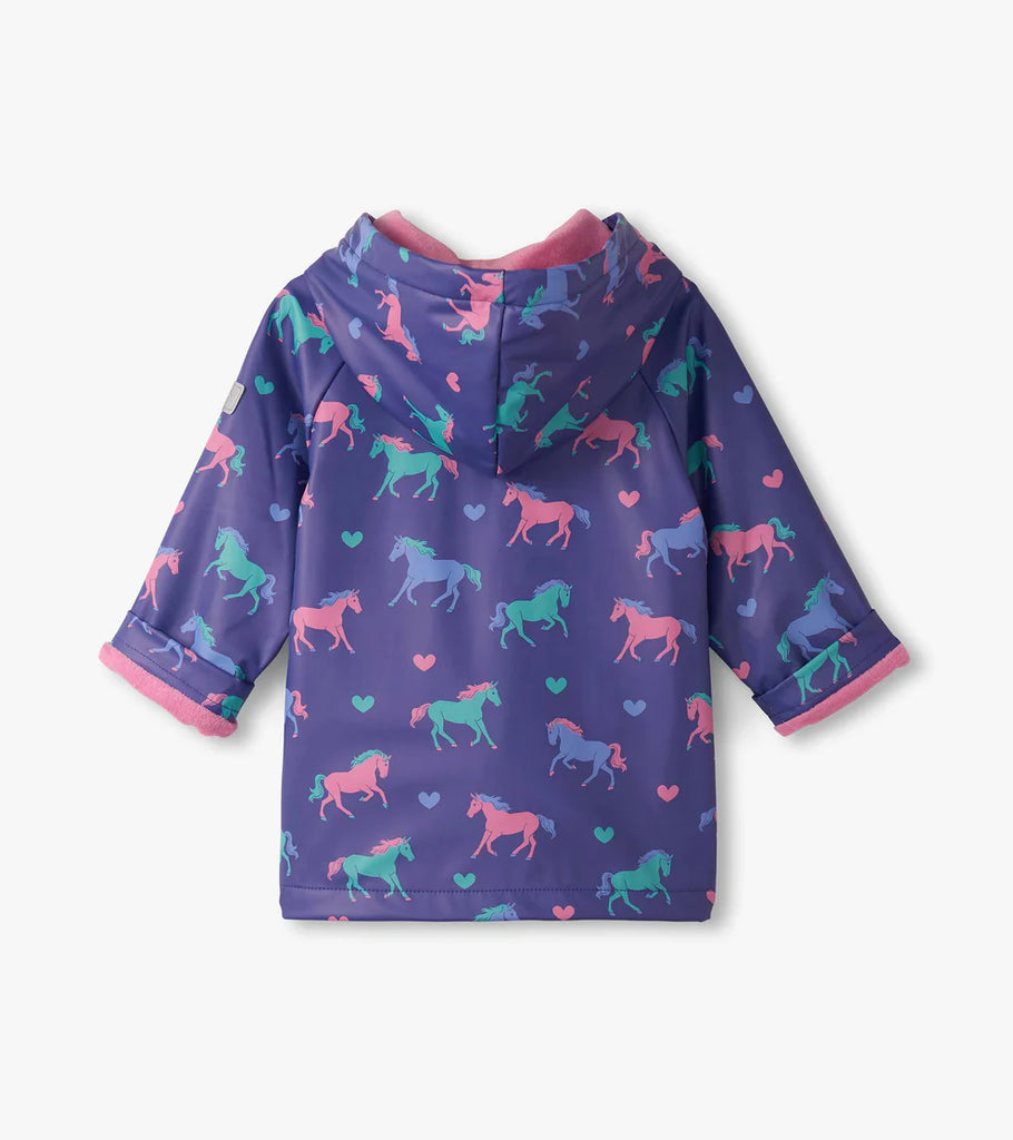Back view of Hatley Girls Hearts & Horses purple rain jacket with hood
