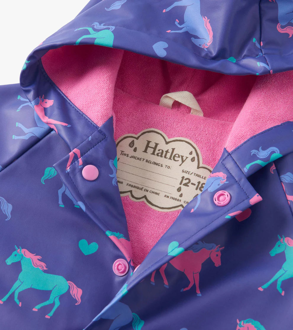 Interior name label on the Hatley girls Hearts & Horses raincoat