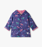 Front view of Hatley Girls Hearts & Horses purple raincoat