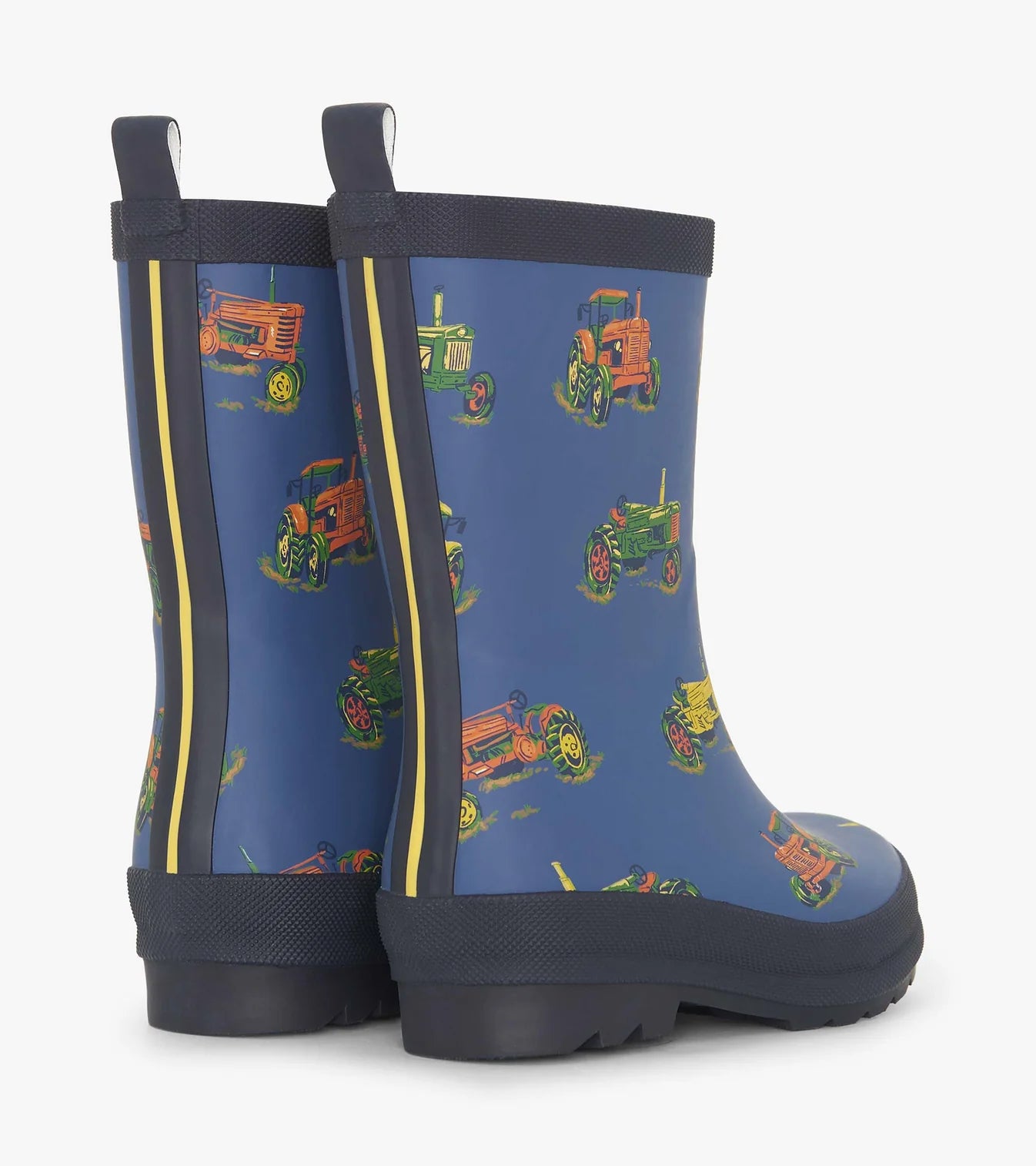 Hatley boys navy tractor wellies – rear view with double back stripe