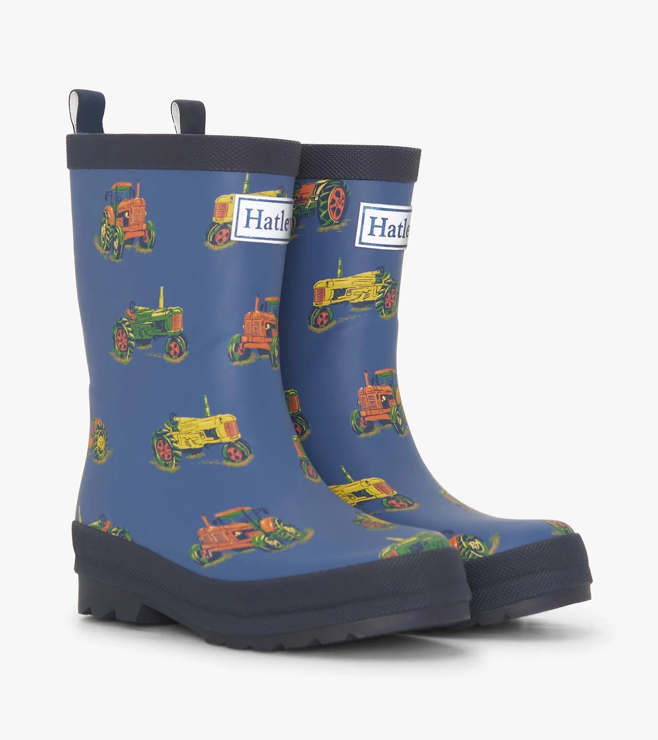 Hatley boys navy tractor print rain boots – front angle