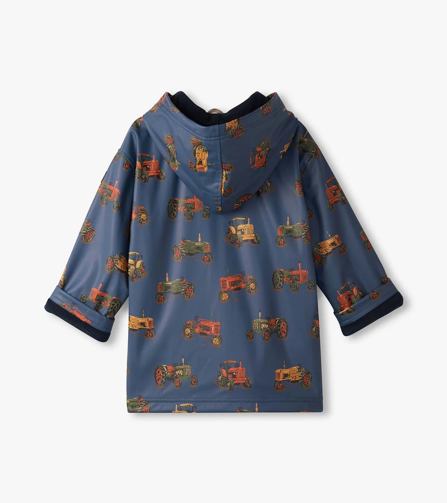 Hatley boys landscape tractors waterproof rain jacket – back view with warm fleece lined hood 