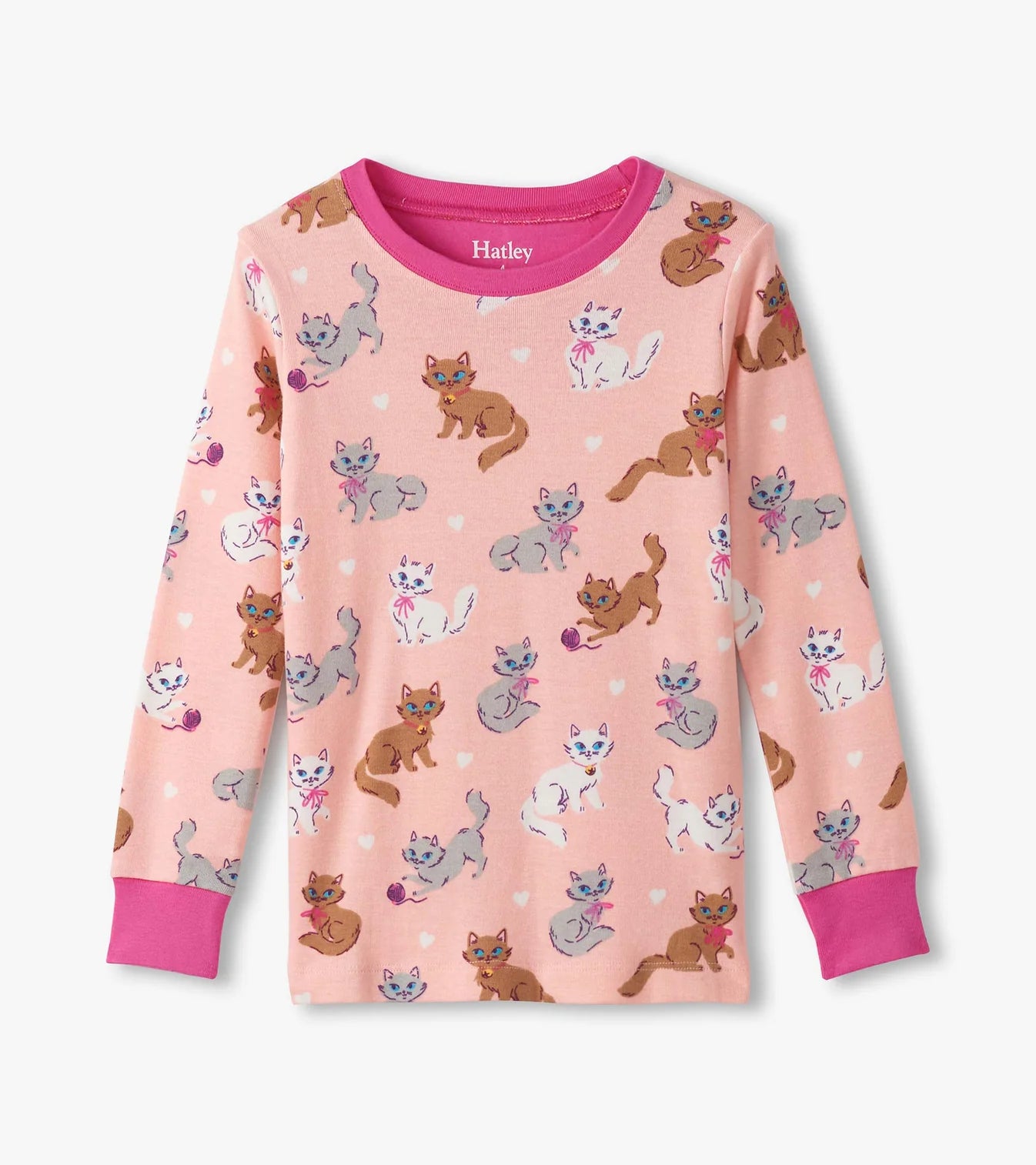 Girls pyjama top in blush pink with all-over kittens and fuchsia neckline