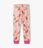 Girls pyjama bottoms in blush pink with all-over kittens and fuchsia hem