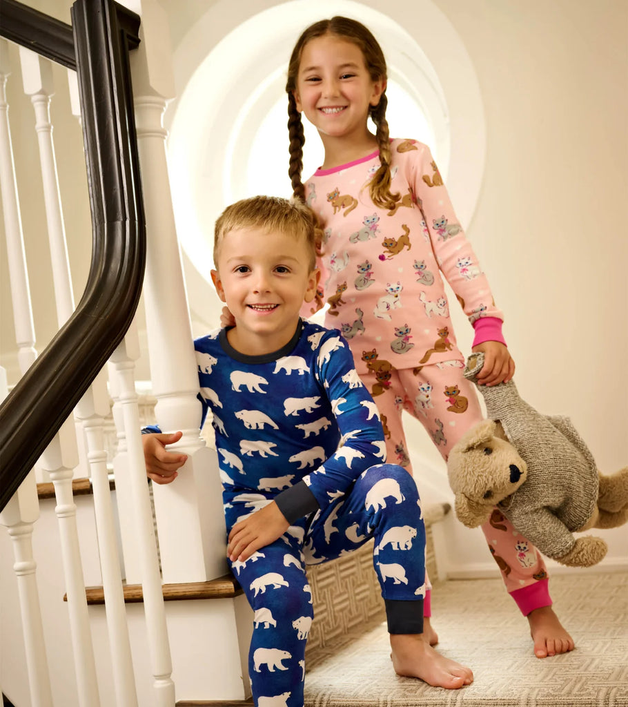 Hatley Little Kitties girls organic cotton pyjama set in a pink kitten print