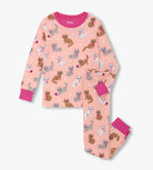 Front flat lay of Hatley Little Kitties girls organic cotton pyjama set with pink kitten print