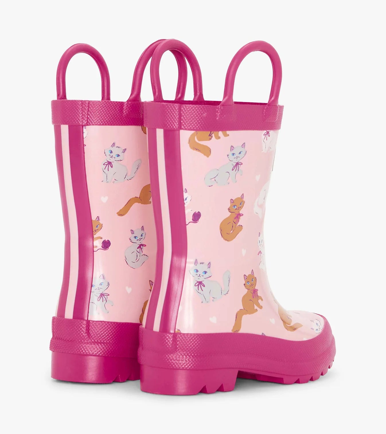 Hatley toddler girls kitten-print wellies – back view with double stripe and pull handles