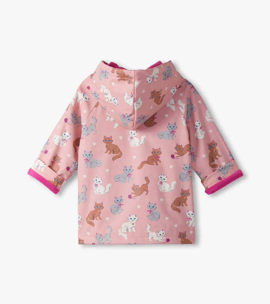 Hatley Little Kitties girls raincoat, pink all-over kitten print and hooded back