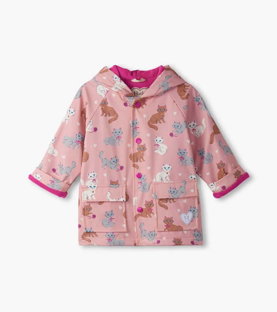 Hatley Girls Little Kitties snap raincoat with pink kitten-print and hood on the back.