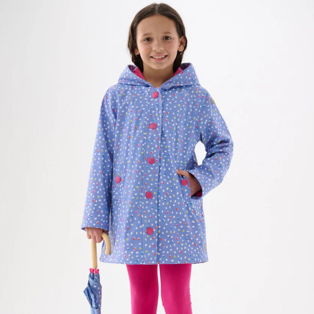 Girls colourful Hatley dot print raincoat with hood and front pockets