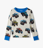 Hatley boys monster truck pyjama top with long sleeves and blue neckline, cuffs