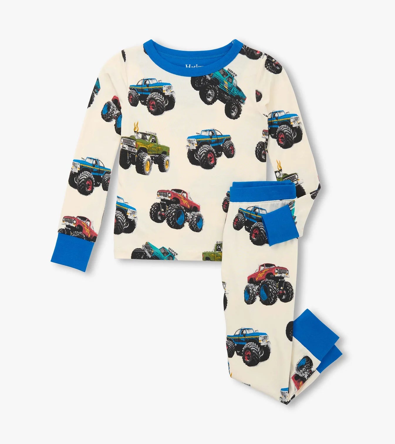 Hatley boys pyjamas with monster truck print – two-piece set, front view