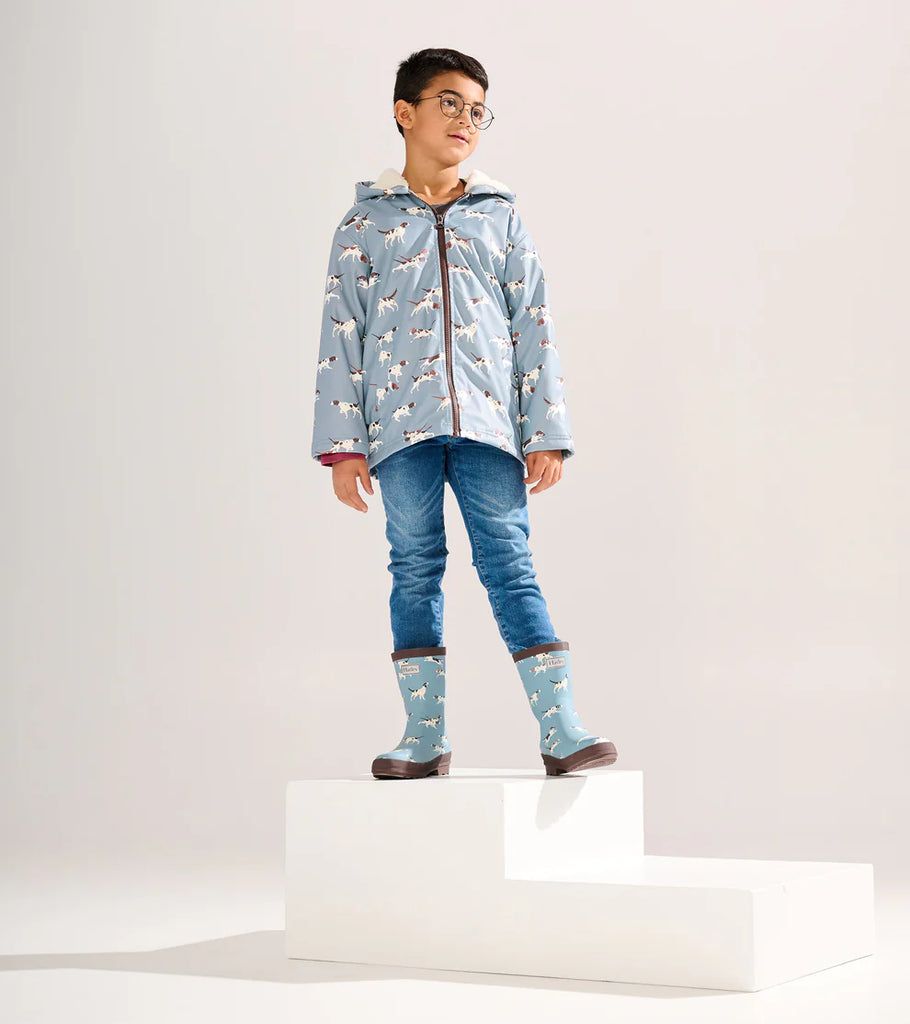Hatley hooded boys raincoat with spaniel dog print teal fabric
