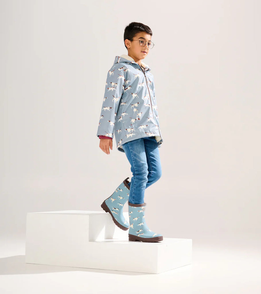 Hatley On The Hunt Boys dog print sherpa lined raincoat full outfit with matching wellies