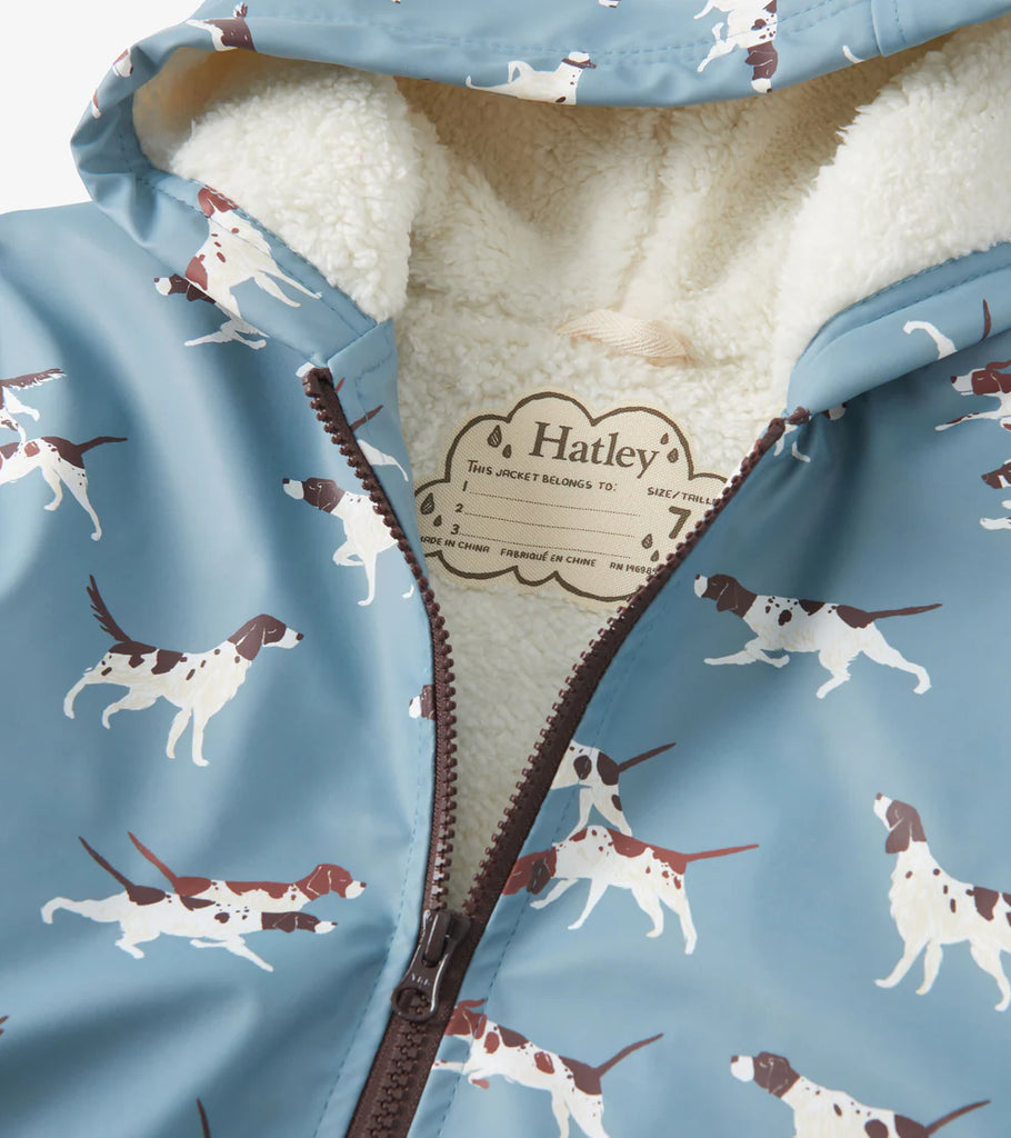Hatley On The Hunt Boys dog print raincoat hood close-up With name label