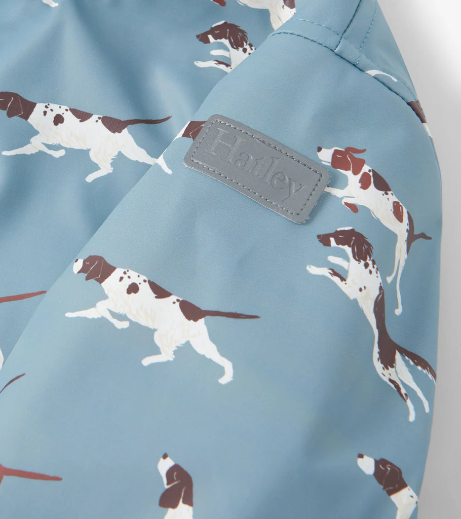 On The Hunt Boys spaniel dog print raincoat hood close-up Harley logo detail on arm 
