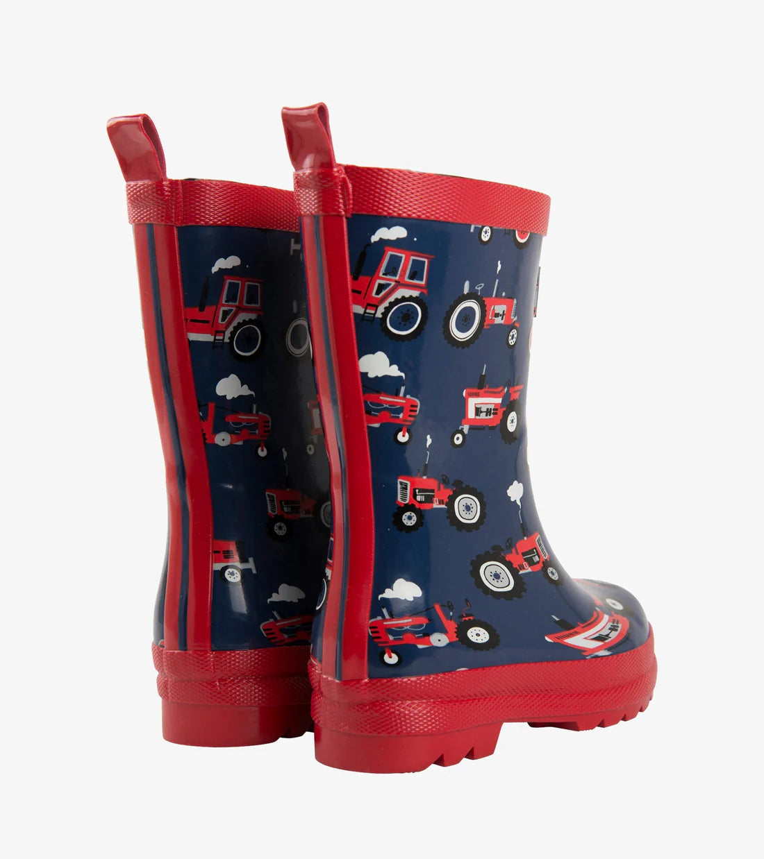 Hatley Boys Red Farm Tractors waterproof wellies back view with red pull tabs