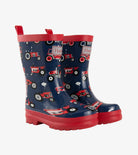 Hatley Boys Red Farm Tractors rain boots front view in navy and red