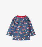 Hatley Boys Farm Tractors waterproof raincoat back view with red tractor print