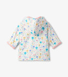 Back view of Hatley girls floral waterproof raincoat with hood