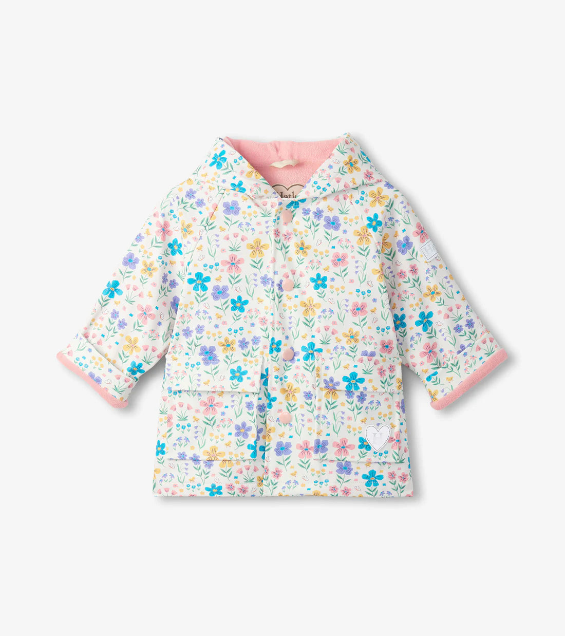 Hatley girls floral waterproof raincoat front view with pink lining