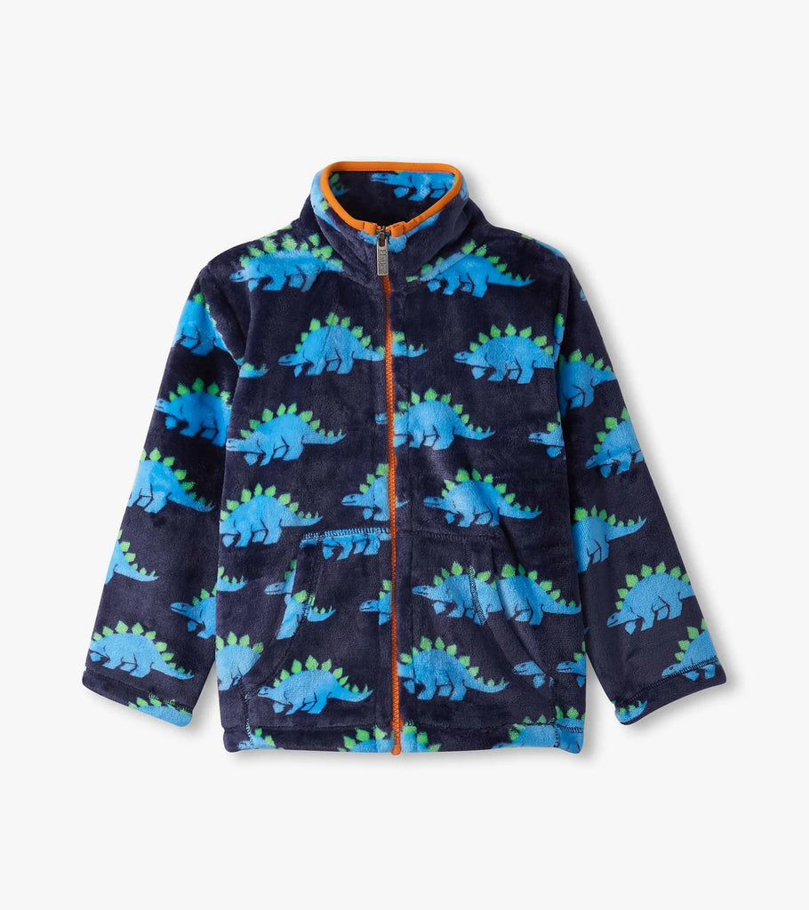 Hatley Stegosaurus boys fuzzy fleece zip-up jacket – front view, navy with blue dinosaur print