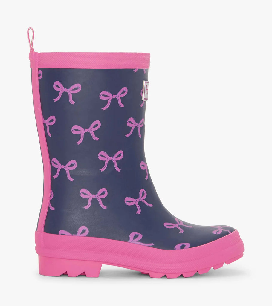 Hatley Teeny Bows girls wellie – side view, navy with pink sole and rim
