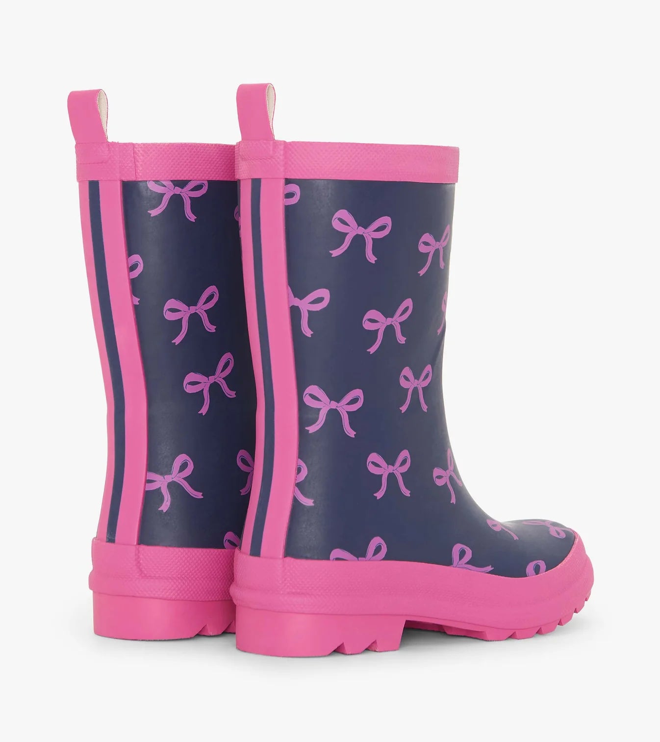Hatley Teeny Bows girls rain boots – back view with pink stripe and pull tabs