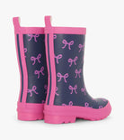 Hatley Teeny Bows girls rain boots – back view with pink stripe and pull tabs